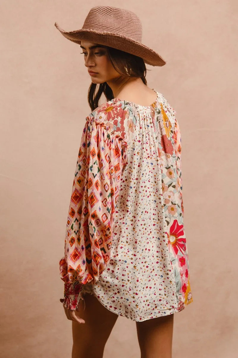 BiBi Floral Print Mix And Match Long Sleeve Peasant Top