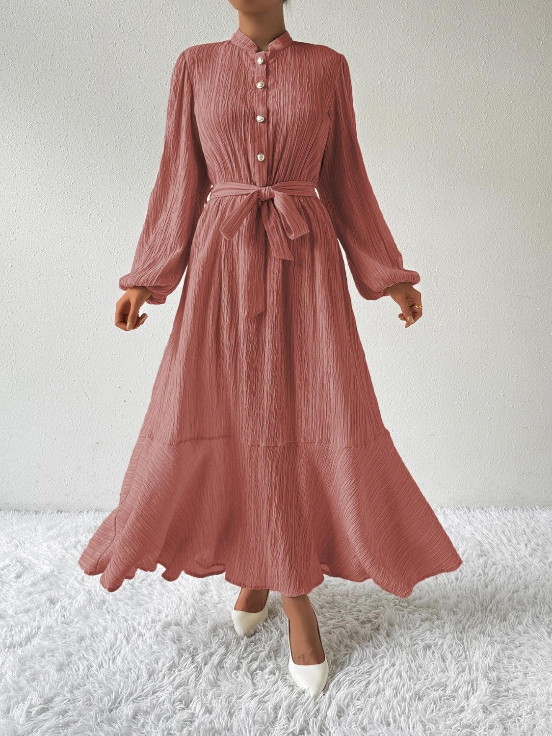 Honey Tie Waist Long Sleeve Dress Dusty Pink