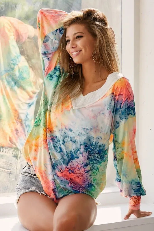 BiBi Tie Dye Soft Knit Jersey V-Neck Top MULTI