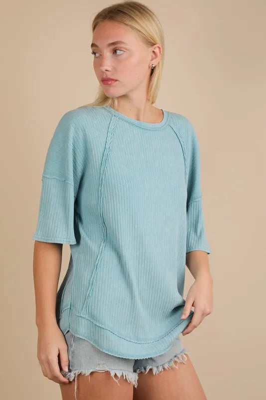 VERY J Mineral Washed Ribbed Knit Casual Top