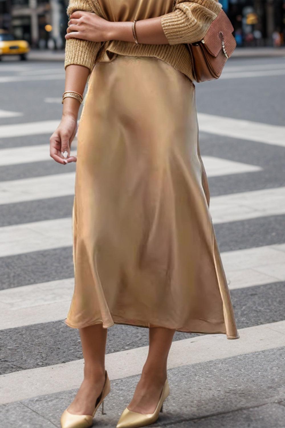 High Waist Midi Skirt Tan