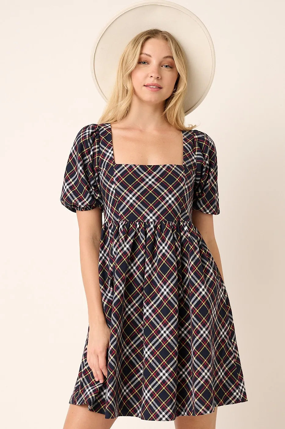 Mittoshop Checkered Print Puff Sleeve Babydoll Mini Dress