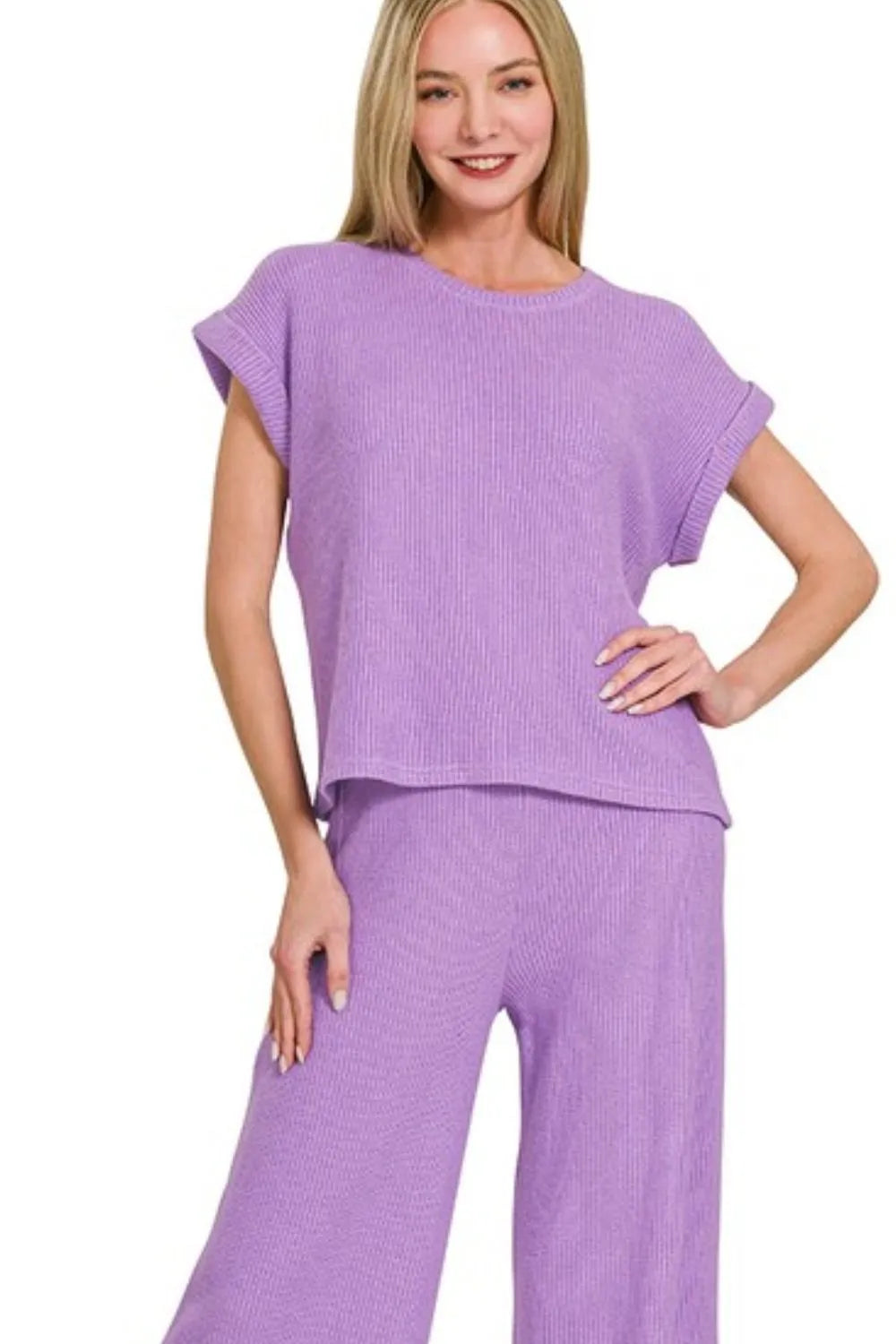 Zenana Rolled Sleeve Top and Pants Sweater Set