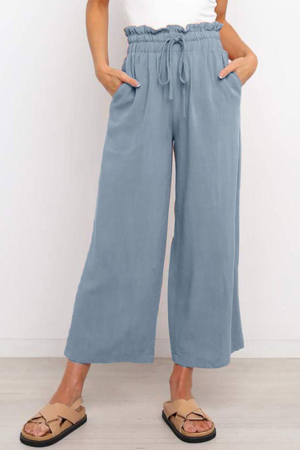 Drawstring Paperbag Waist Wide Leg Pants Misty Blue