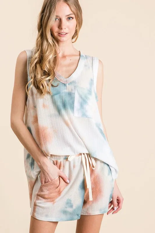 BiBi Tie Dye Textured Knit Top and Shorts Set TAUPE DUSTY BLUE