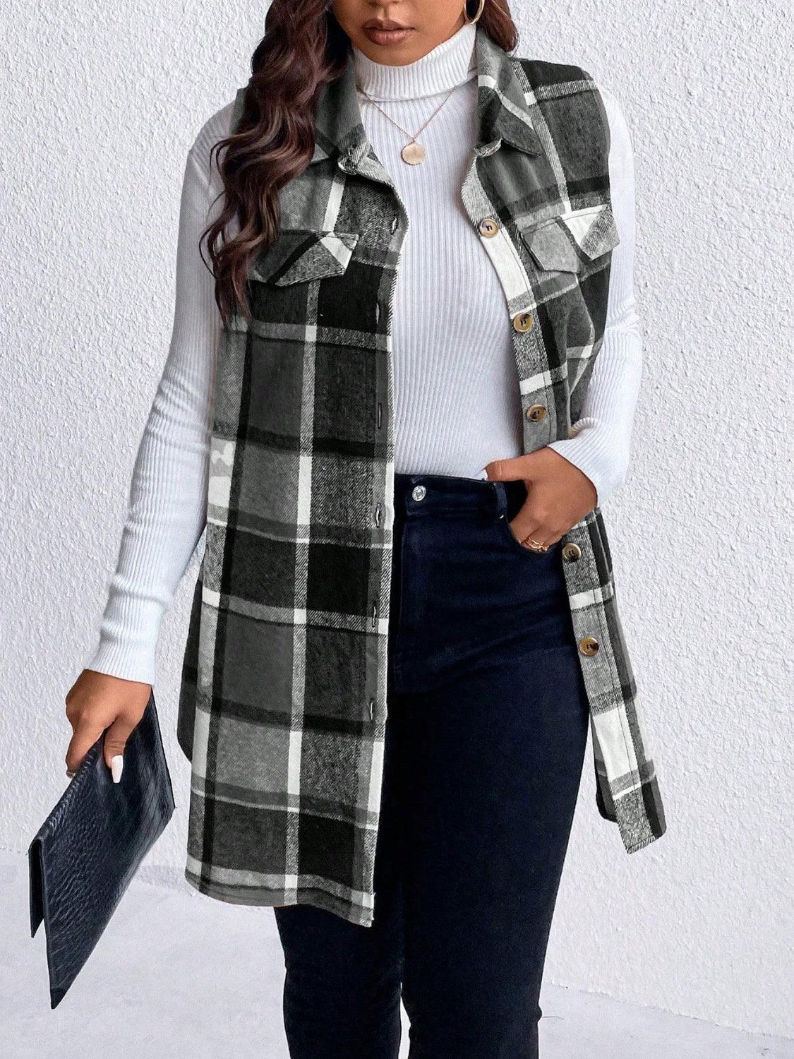 Honey Plus Size Pocketed Plaid Button Up Vest Coat Black