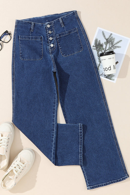Buttoned High Waist Wide Leg Cropped Jeans