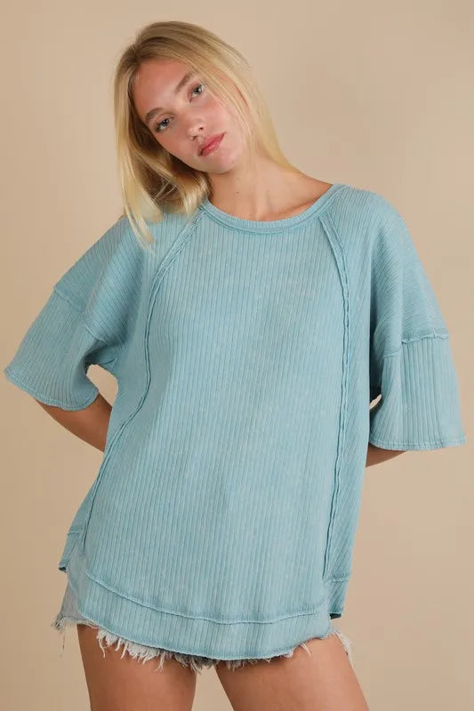 VERY J Mineral Washed Ribbed Knit Casual Top