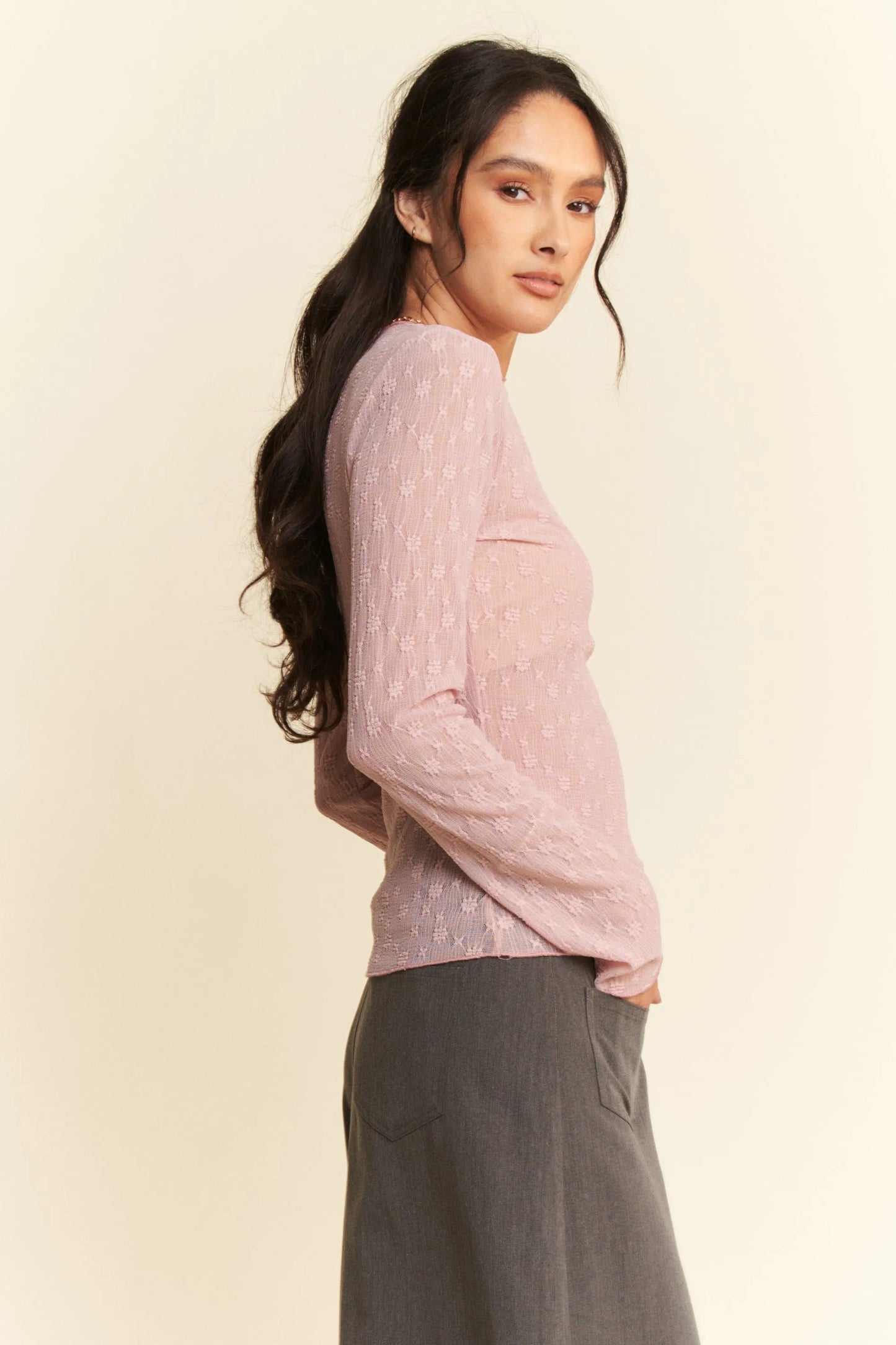 Davi & Dani Long Sleeve Sheer Small Embroidered Bows Lace Top