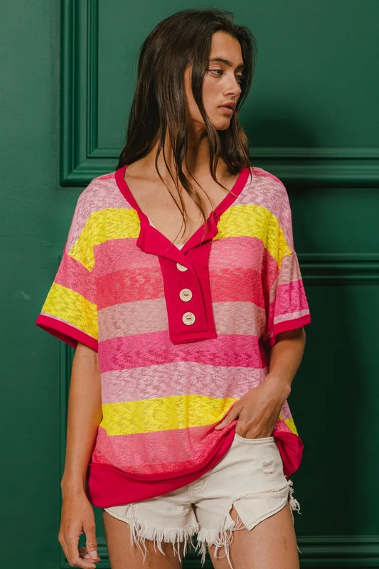 BiBi Multi Color Stripe Hacci Button Detail Ringer Top