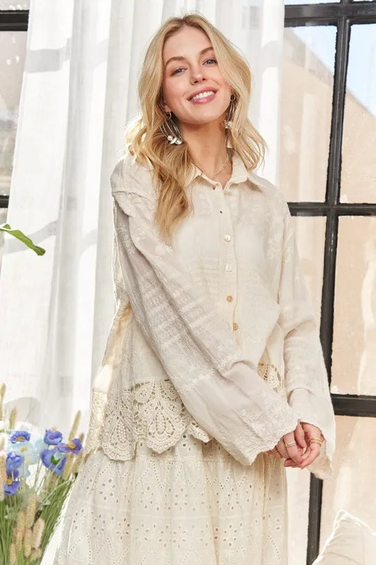 ADORA Crochet Lace Long Sleeves Button Down Shirt