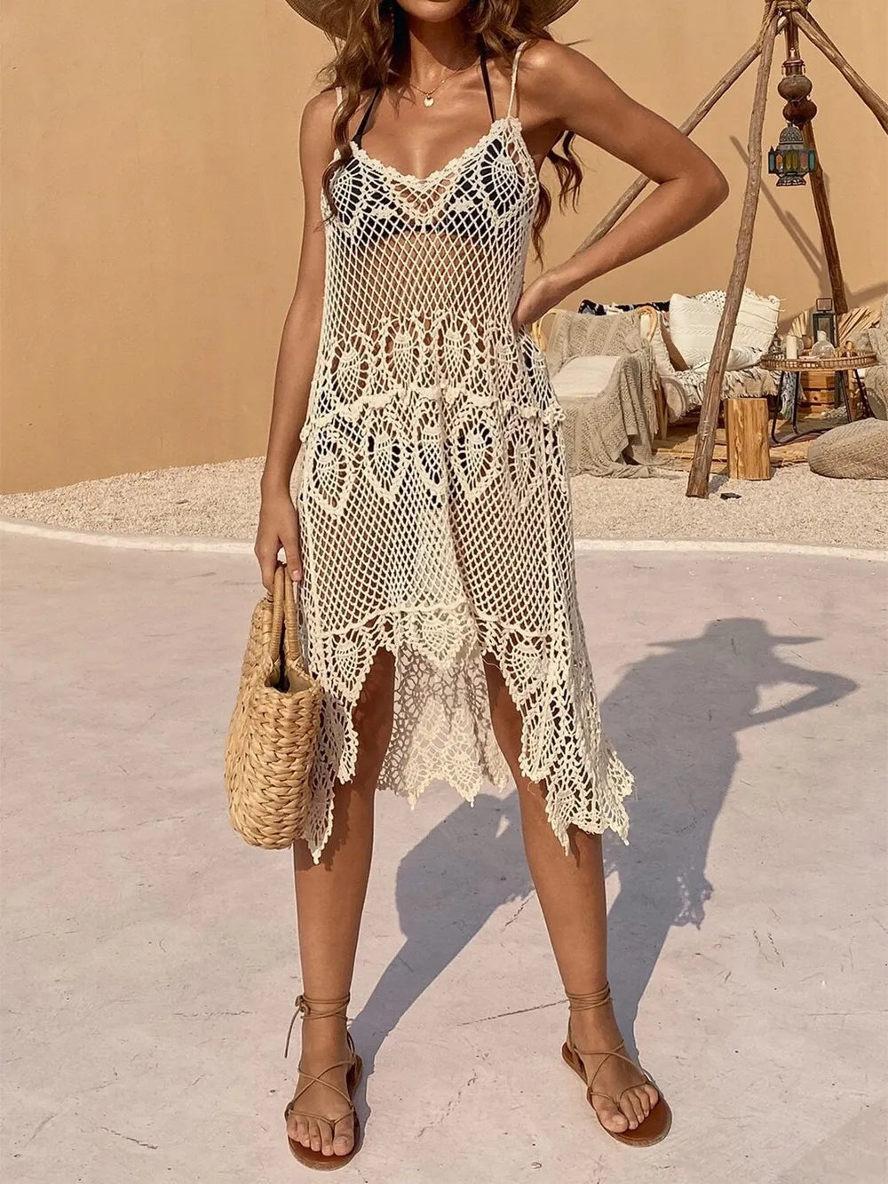 Openwork Scoop Neck Spaghetti Strap Cover-Up Dress Beige One Size