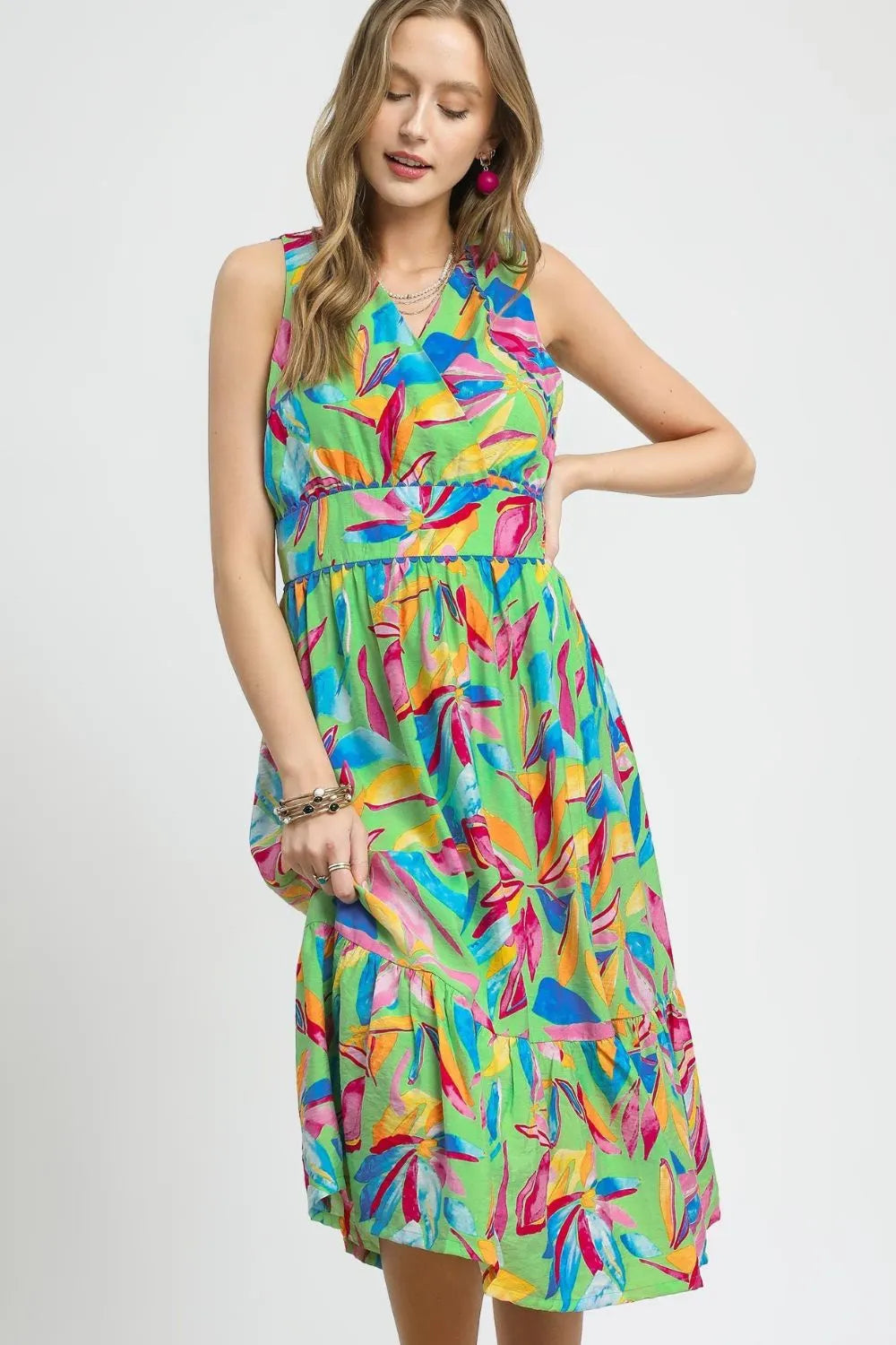 Umgee Ruffled Hem Printed Sleeveless Midi Dress Green