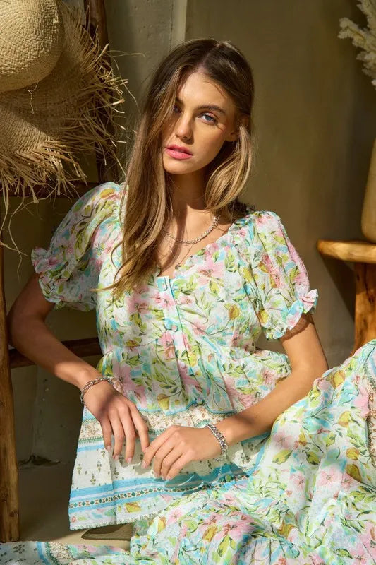 Davi & Dani Spring Floral Border Print Ruffled Textured Top