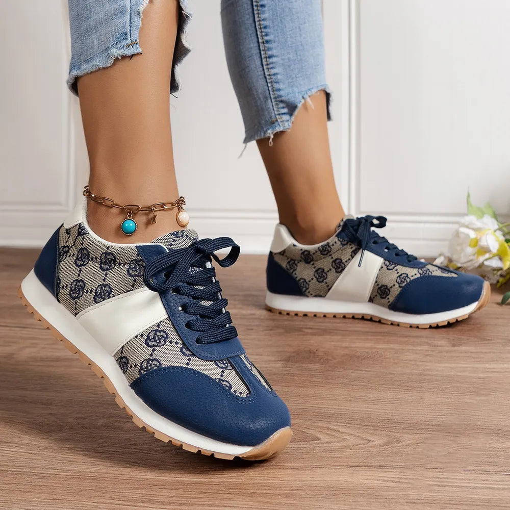 Floral Round Toe Flat Sneakers Blue