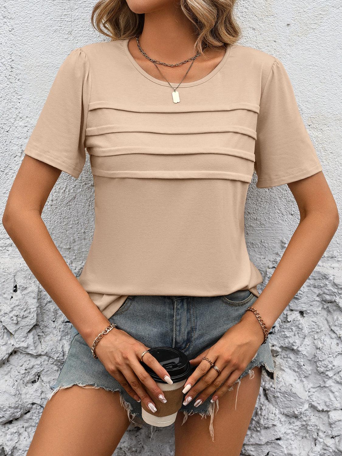 Ivy Lane Round Neck Short Sleeve Top Tan