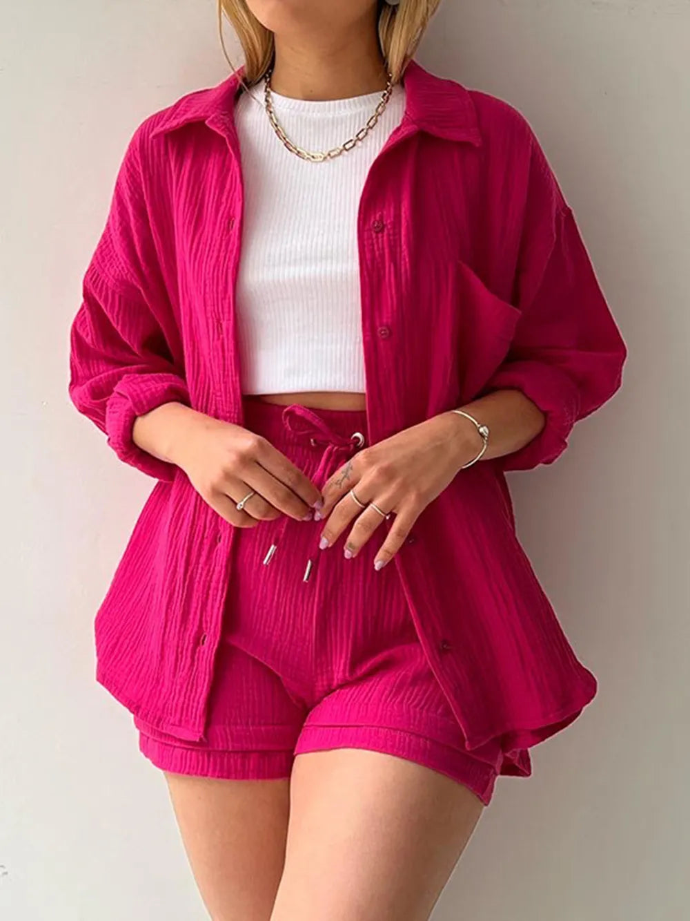 Texture Button Up Shirt and Drawstring Shorts Set Hot Pink