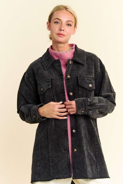 Davi & Dani Washed Corduroy Raw Hem Button Up Jacket Black