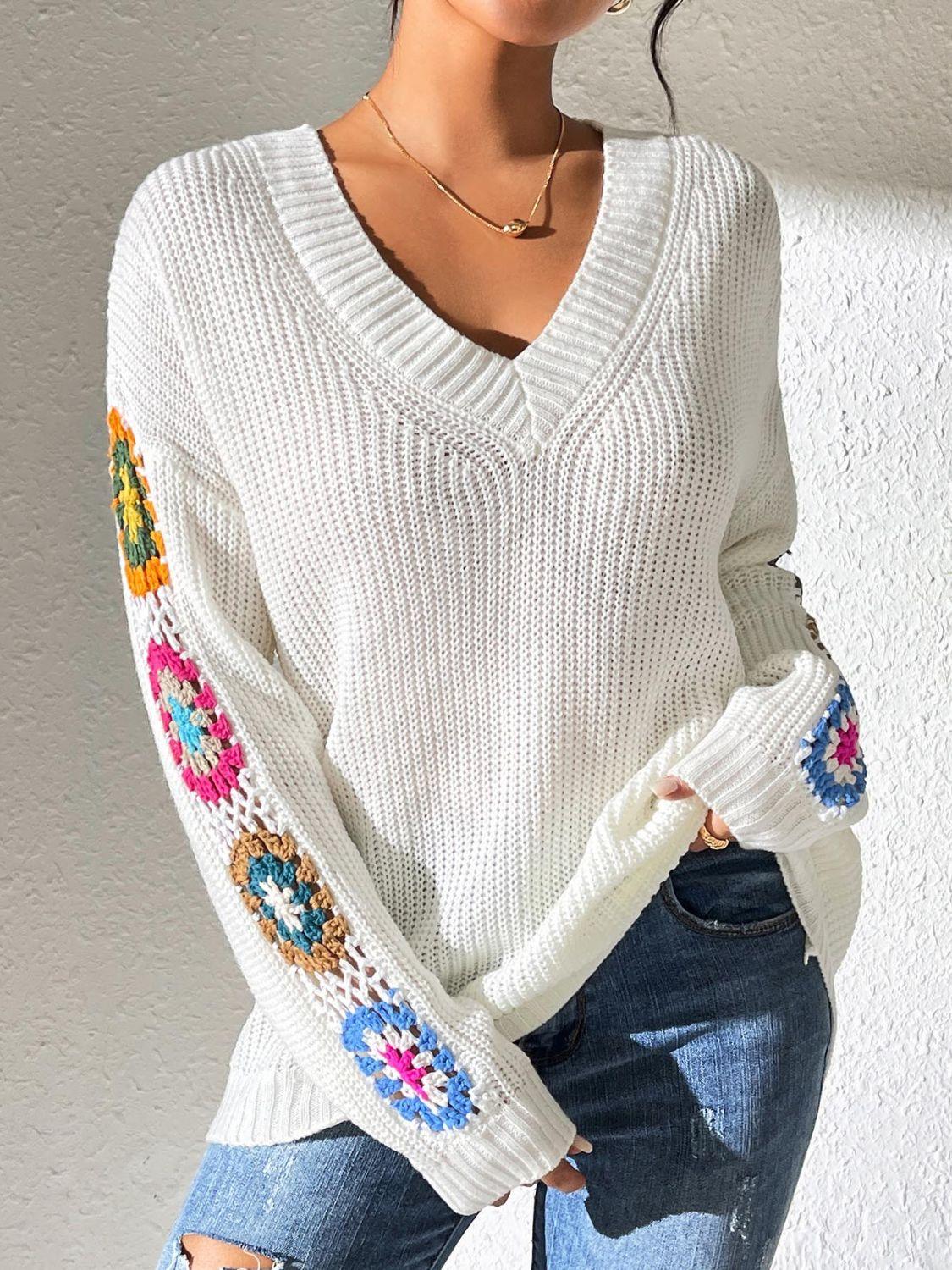 Crochet Flower V-Neck Sweater White