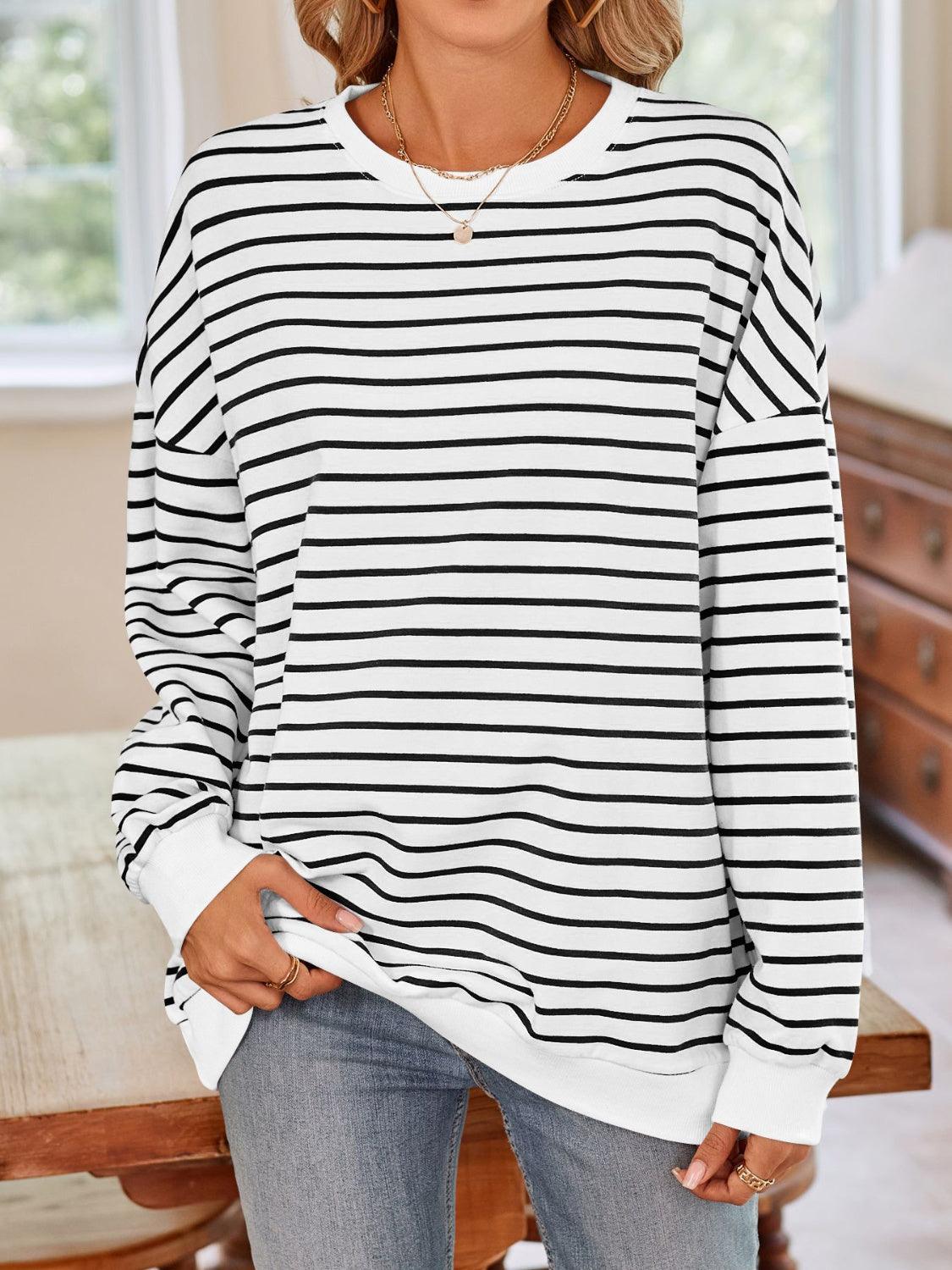 Lovelet Striped Round Neck Long Sleeve Sweatshirt White