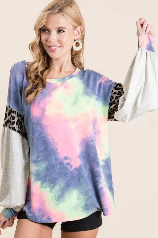 BiBi Tie Dye Terry Top with Contrast Puff Sleeves CHARCOAL TIE DYE