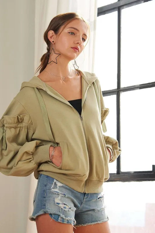 ADORA Ruffled Puff Sleeve Zip Up Hoodie