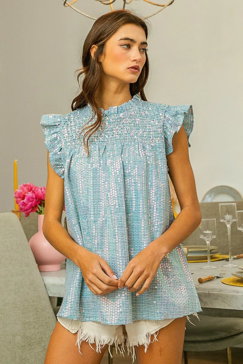 BiBi Clear Sequin All-over Gingham Smocked Top