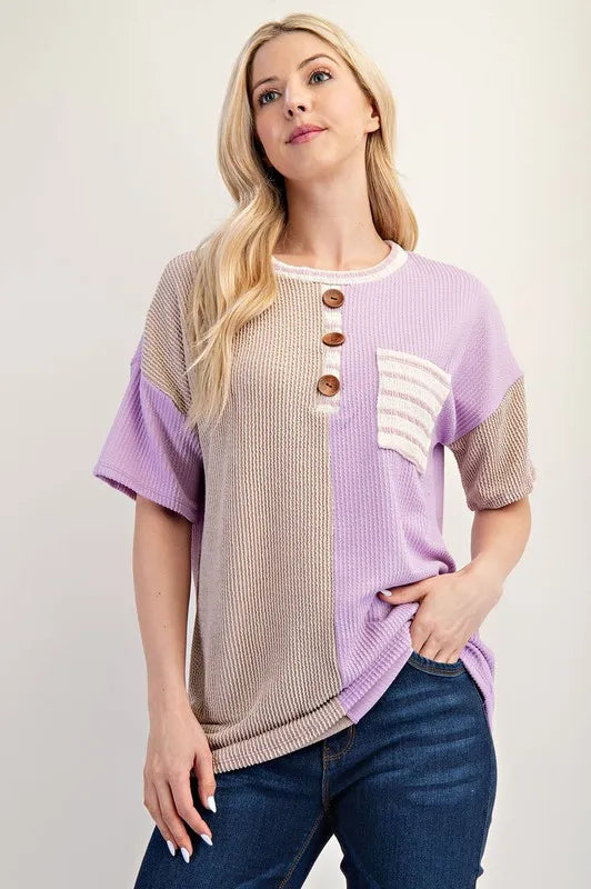 Celeste Full Size Rib Contrast Short Sleeve T-Shirt Plus SIze