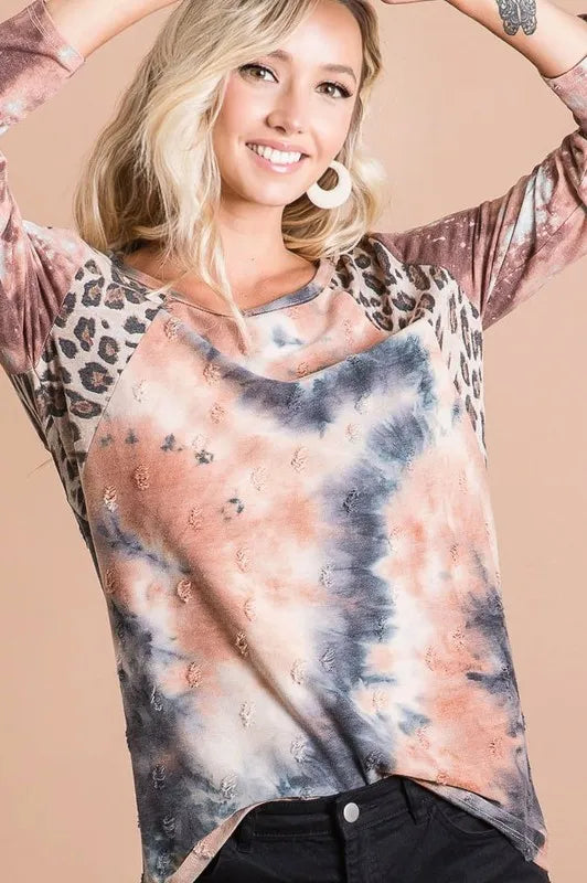 BiBi Tie Dye Distressed Knit Top with Leopard Shoulder