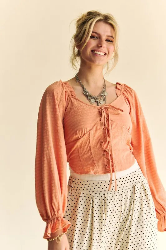 Davi & Dani Strap Front Corset Look Long Puff Sleeve Blouse