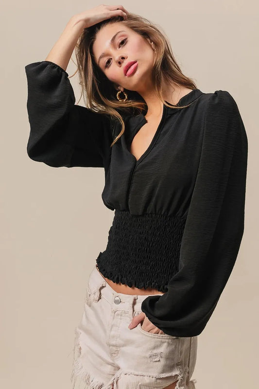 BiBi Smoking Waist Band and Puff Sleeves Deep V Neck Top BLACK