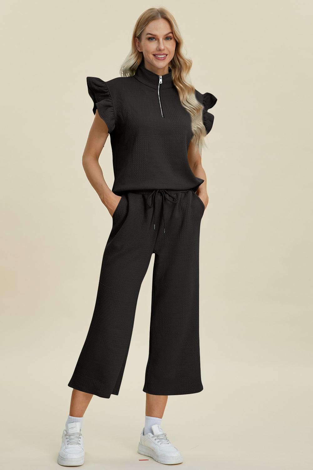 Double Take Full Size Texture Ruffle Short Sleeve Top and Wide Leg Pants Set Black