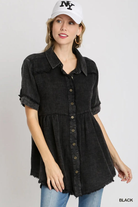 Umgee Full Size Cotton Gauze Button Front Shirt Plus Size Black