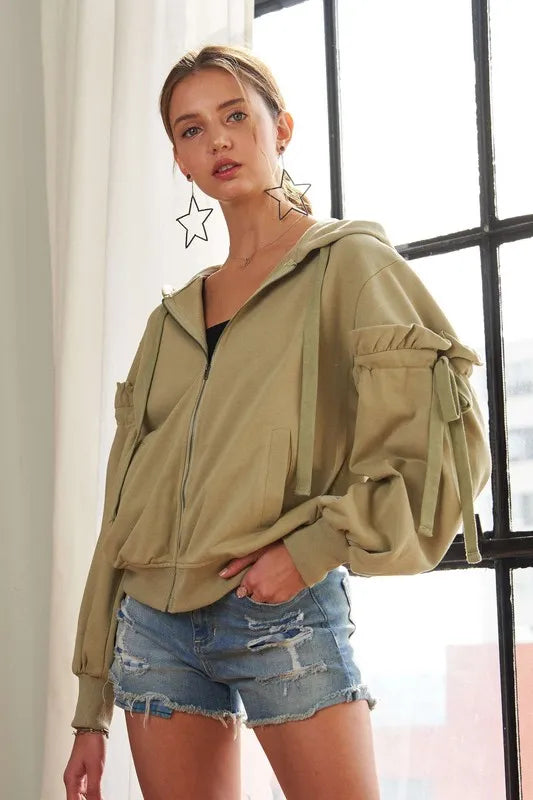 ADORA Ruffled Puff Sleeve Zip Up Hoodie
