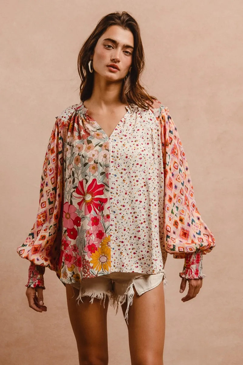 BiBi Floral Print Mix And Match Long Sleeve Peasant Top