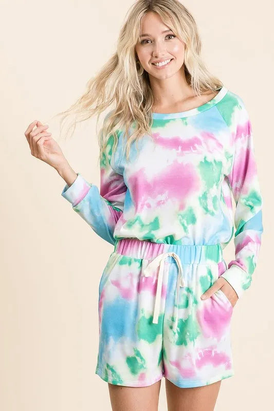 BiBi Tie Dye French Terry Top and Shorts Set BLUE MULTI