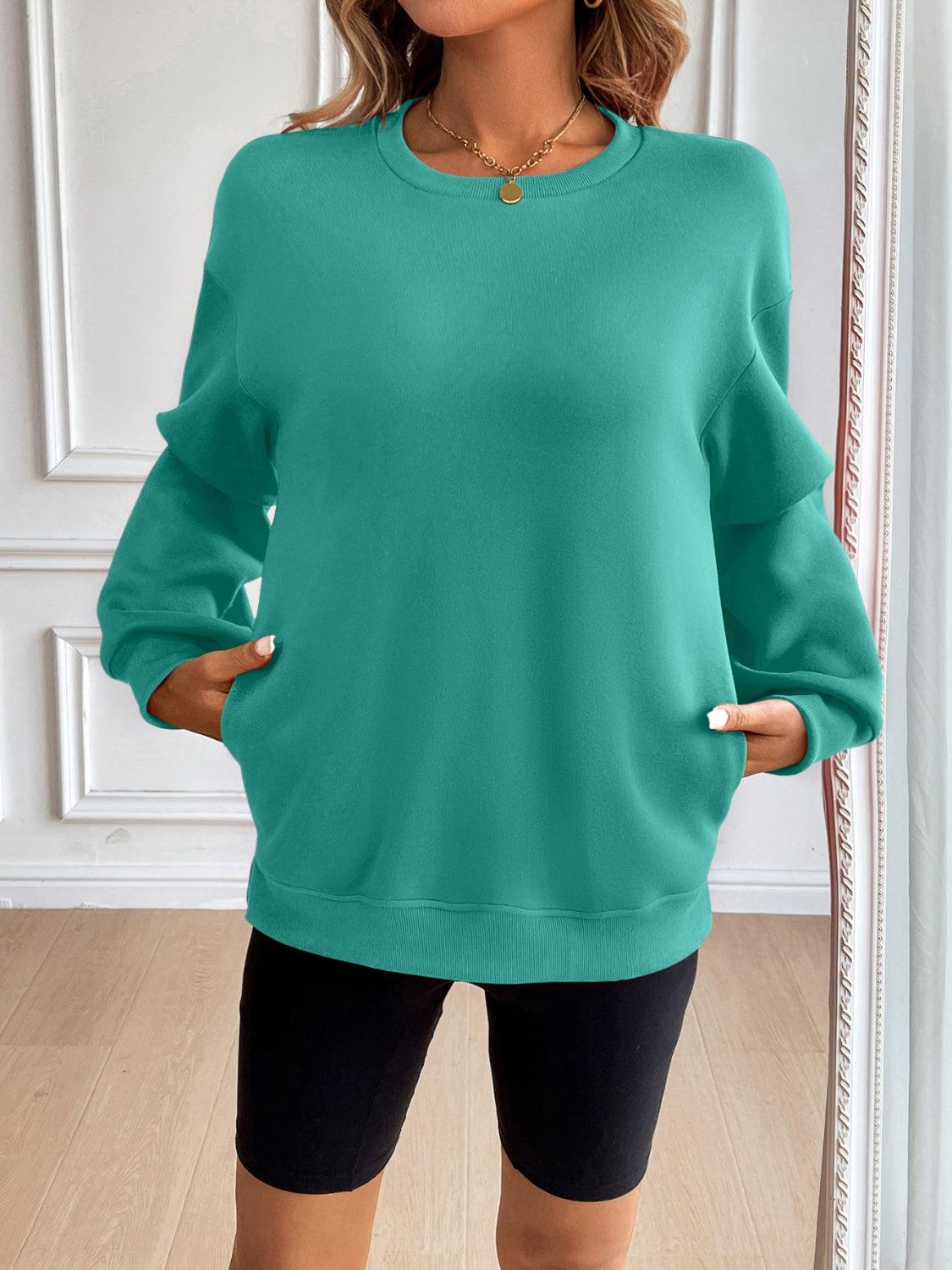 Ivy Lane Round Neck Long Sleeve Sweatshirt Teal