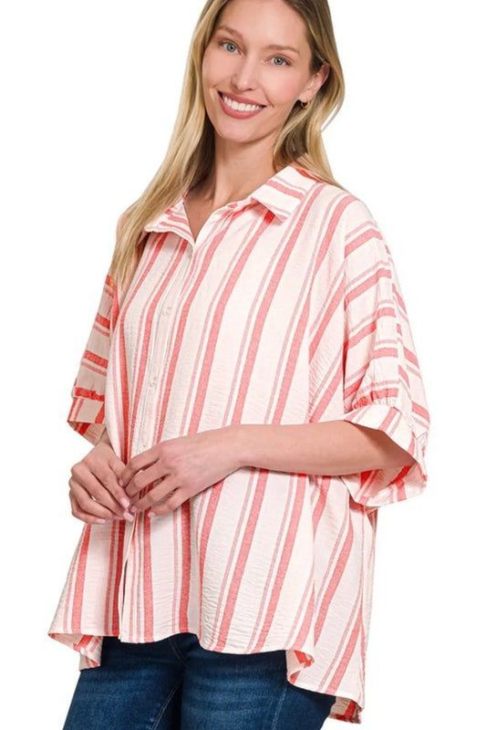 Zenana Woven Yarn-Dye Stripe Oversized Button Down Shirt
