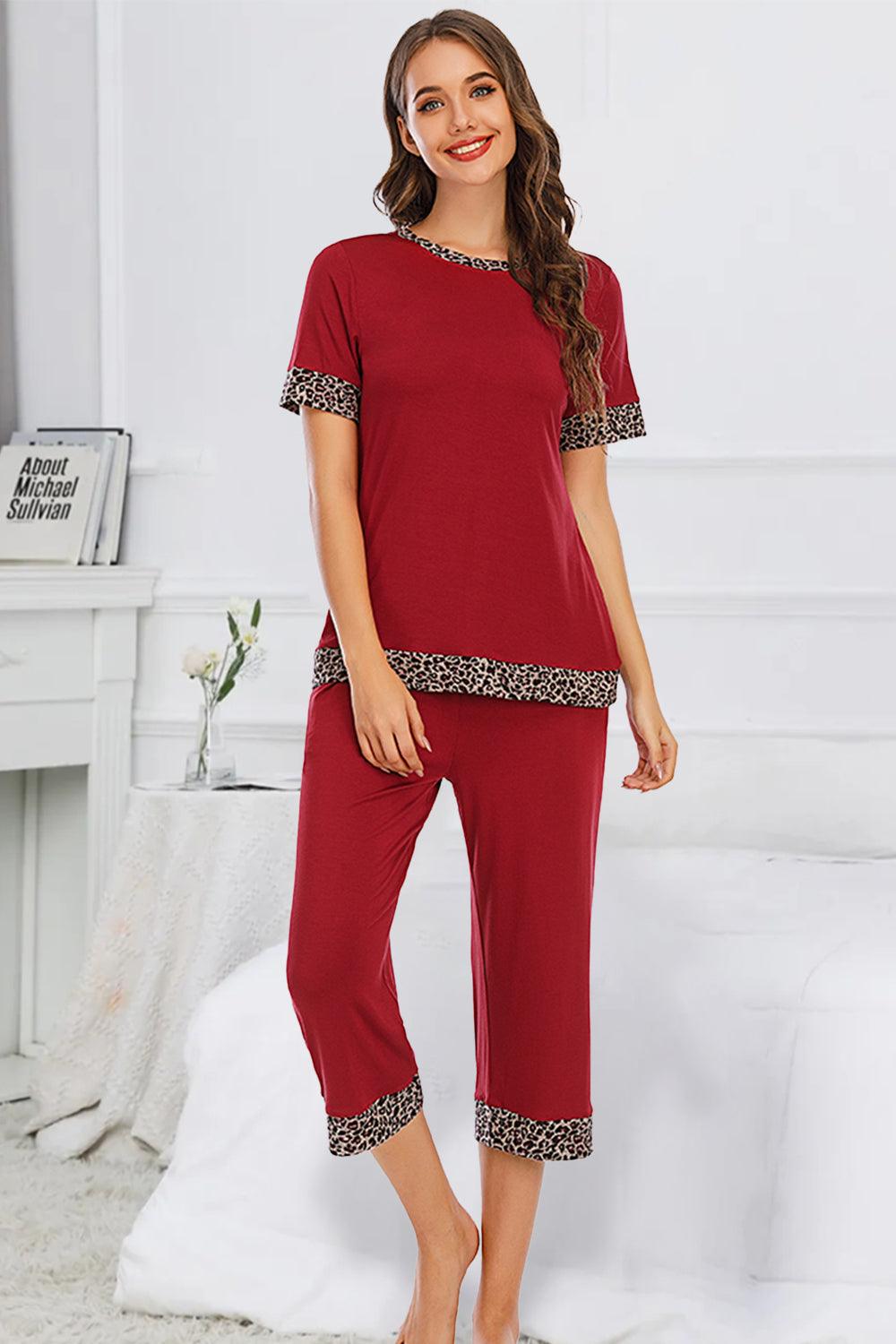 Round Neck Short Sleeve Top and Capris Pants Lounge Set Scarlet