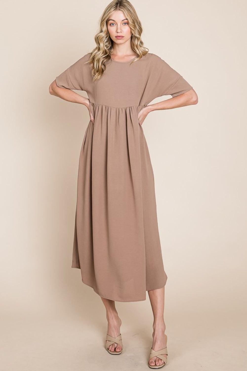 BOMBOM Round Neck Ruched Midi Dress Mocha