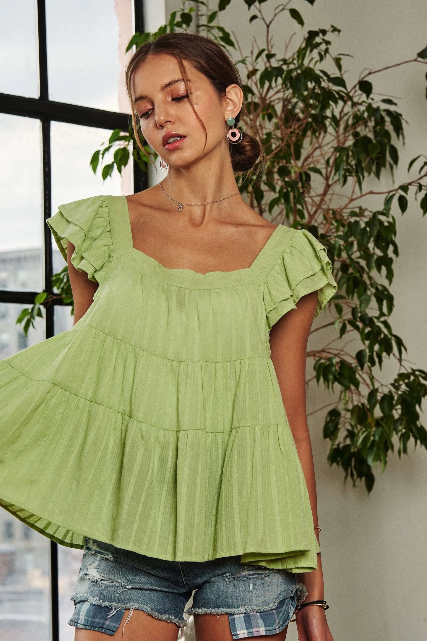 ADORA Ruffle Sleeve Babydoll Tunic Top