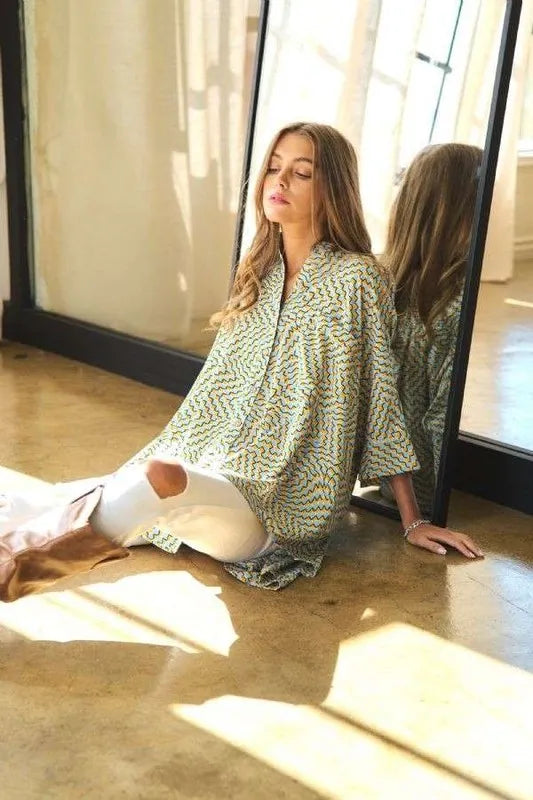 Davi & Dani Geo Printed Relaxed Fit Flowy Button Down Shirt