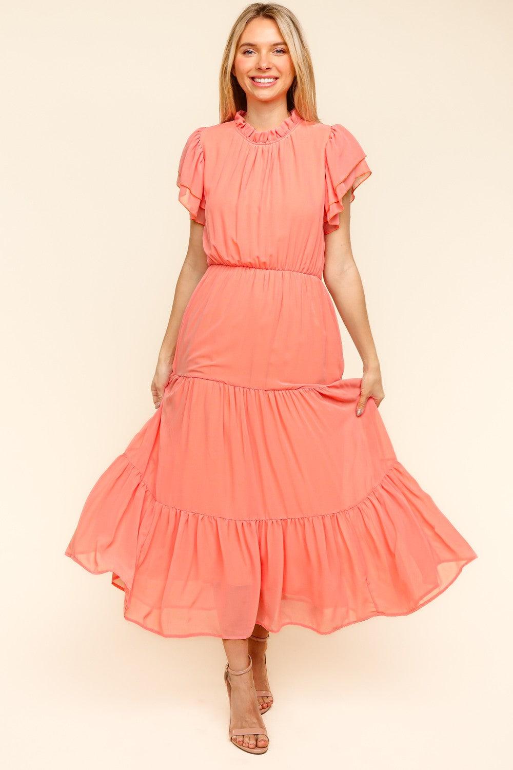 Haptics Full Size Tiered Frill Mock Neck Short Sleeve Dress Peach
