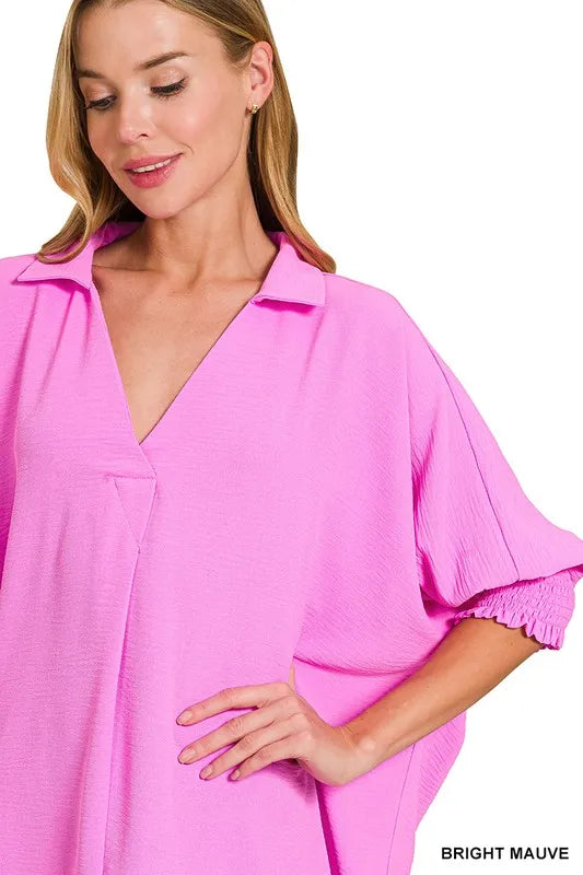 Zenana Airflow Collar Tee with Smocked Sleeve Band Top