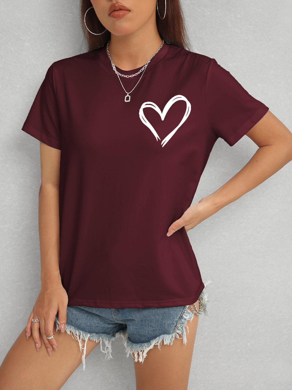 Heart Round Neck Short Sleeve T-Shirt Wine