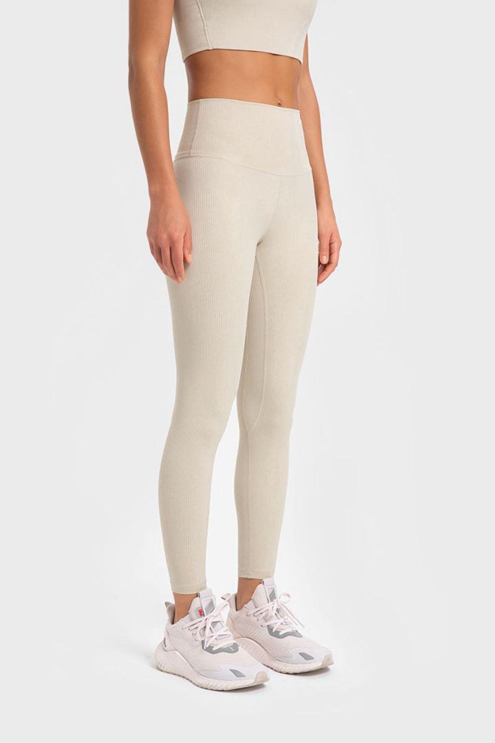 Millennia Highly Stretchy Wide Waistband Yoga Leggings Ivory