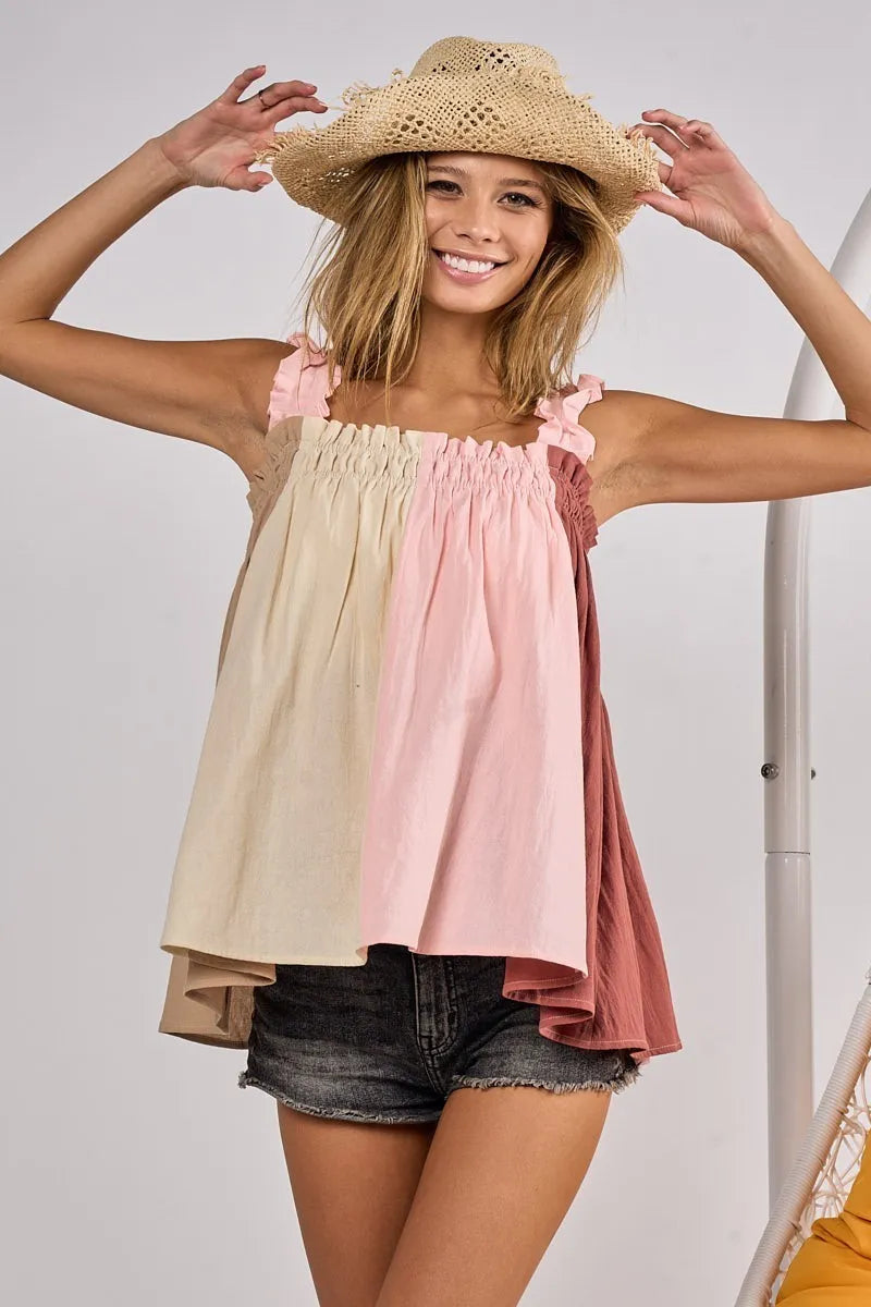 BiBi Frill Shoulder Strap Color Block Bodice Top
