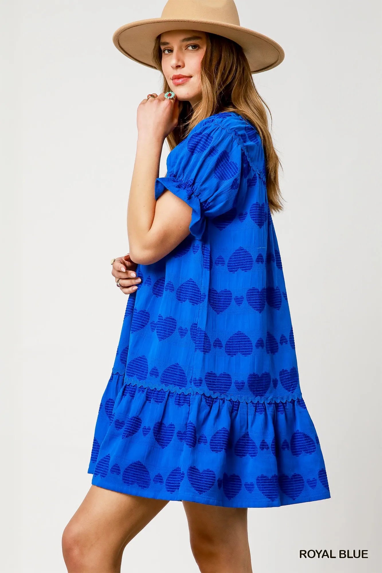 Umgee Heart Pattern Short Sleeve Ruffle Babydoll Dress