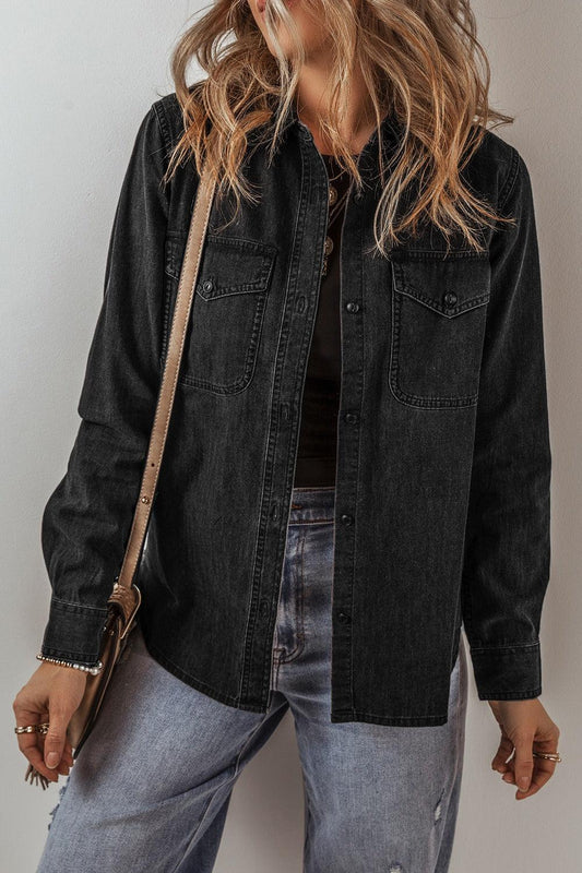 Button Up Long Sleeve Denim Jacket Black