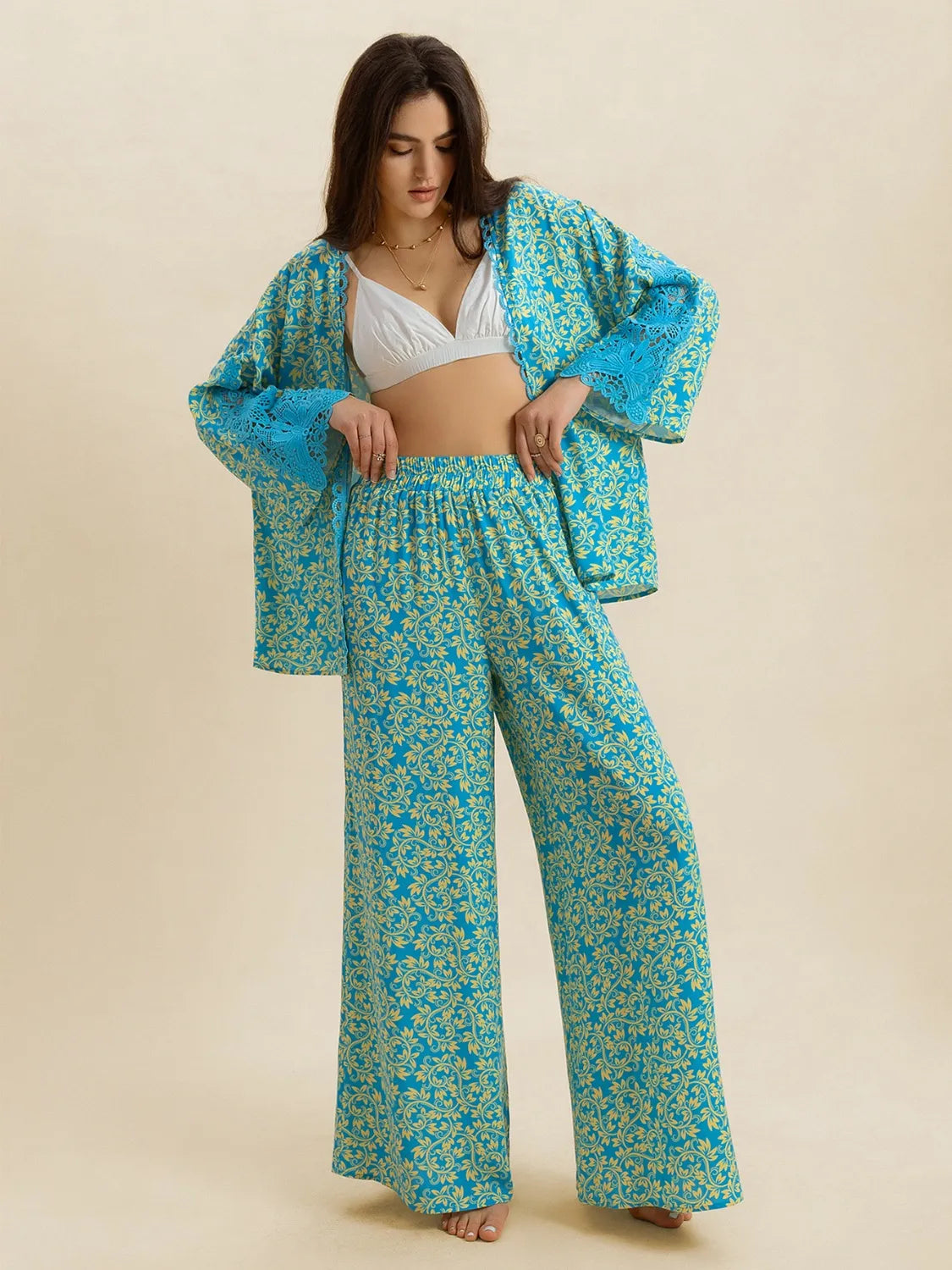 Open Front Printed Top and Pants Set Teal